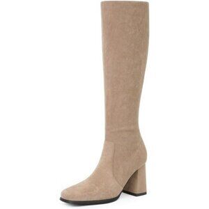 Women's khaki suede Modatope Knee Toe Side Zipper High Heel Square Long boots